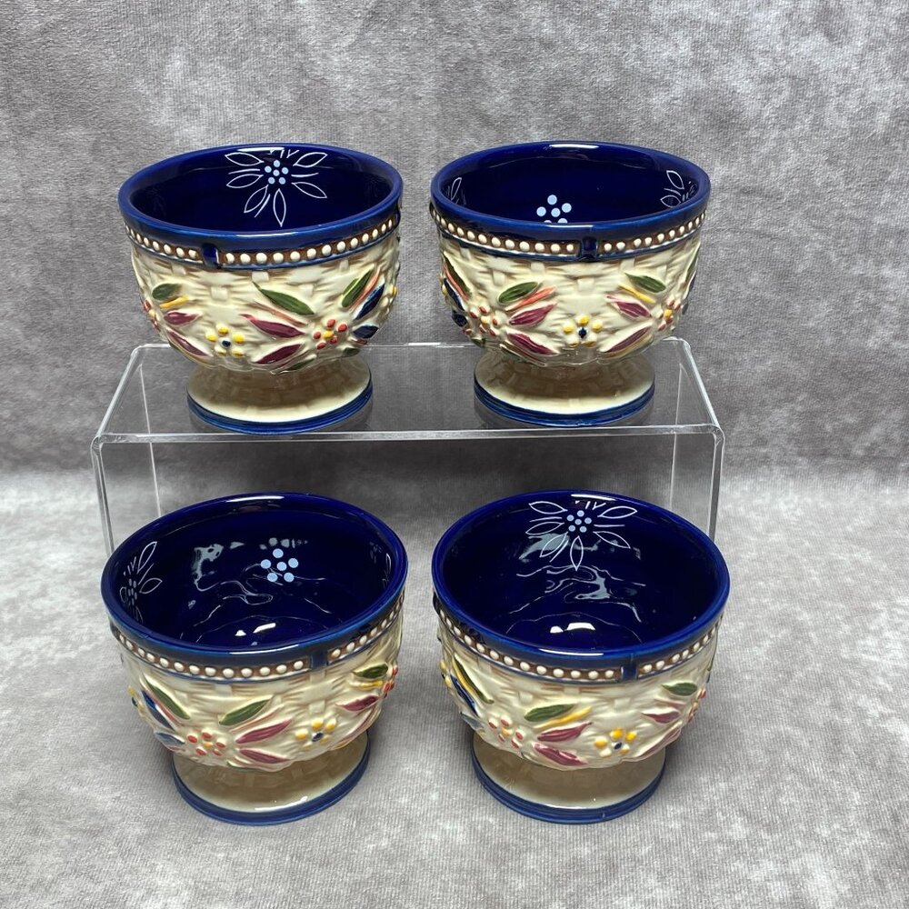 4 Temp-Tations Old World Blue 8Oz Ceramic Basketweave Pedestal Cups Set